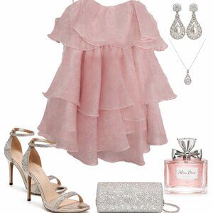 A-Line Strapless Sleeveless Tiered Shimmer Blush Pink Shift Dress - Size Small